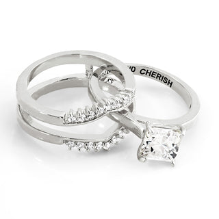 Platinum over Sterling Square White Topaz Solitaire with Enhancer Engraved Engagement Ring Set