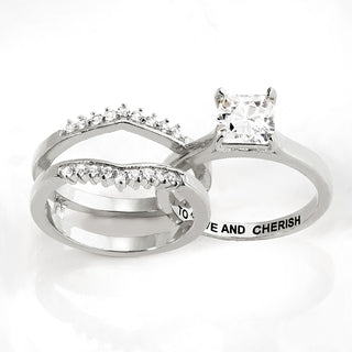 Platinum over Sterling Square White Topaz Solitaire with Enhancer Engraved Engagement Ring Set