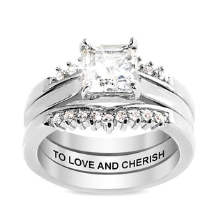 Platinum over Sterling Square White Topaz Solitaire with Enhancer Engraved Engagement Ring Set