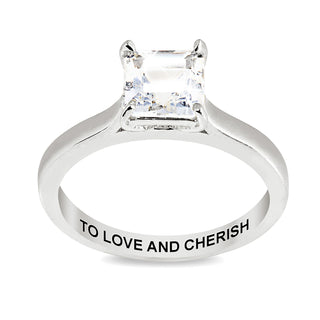 Platinum over Sterling Square White Topaz Solitaire with Enhancer Engraved Engagement Ring Set