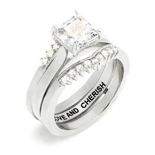 Platinum over Sterling Square White Topaz Solitaire with Enhancer Engraved Engagement Ring Set
