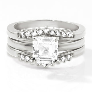 Platinum over Sterling Square White Topaz Solitaire with Enhancer Engraved Engagement Ring Set