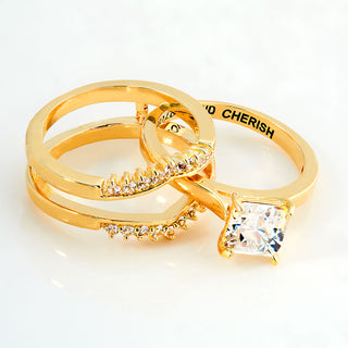 Gold over Sterling Square White Topaz Solitaire with Enhancer Engraved Engagement Ring Set