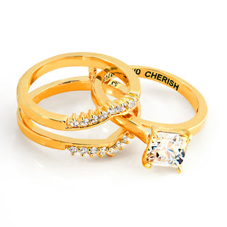 Gold over Sterling Square White Topaz Solitaire with Enhancer Engraved Engagement Ring Set