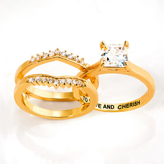 Gold over Sterling Square White Topaz Solitaire with Enhancer Engraved Engagement Ring Set