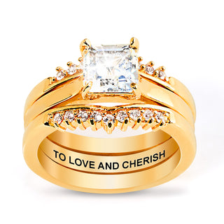Gold over Sterling Square White Topaz Solitaire with Enhancer Engraved Engagement Ring Set