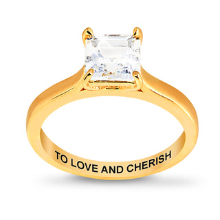 Gold over Sterling Square White Topaz Solitaire with Enhancer Engraved Engagement Ring Set