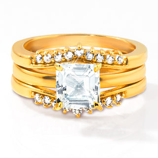Gold over Sterling Square White Topaz Solitaire with Enhancer Engraved Engagement Ring Set