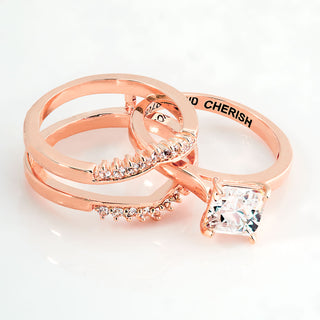 Rose Gold over Sterling Square White Topaz Solitaire with Enhancer Engraved Engagement Ring Set