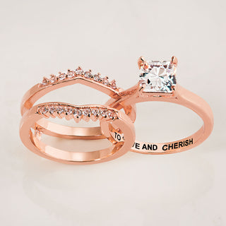 Rose Gold over Sterling Square White Topaz Solitaire with Enhancer Engraved Engagement Ring Set