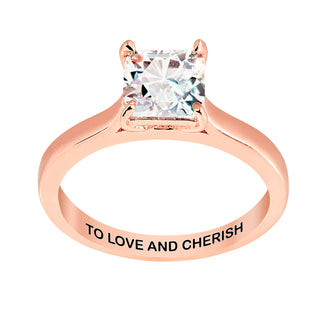 Rose Gold over Sterling Square White Topaz Solitaire with Enhancer Engraved Engagement Ring Set