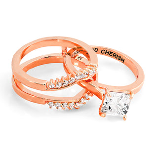 Rose Gold over Sterling Square White Topaz Solitaire with Enhancer Engraved Engagement Ring Set