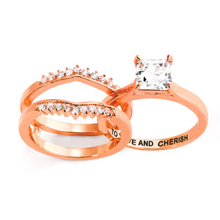 Rose Gold over Sterling Square White Topaz Solitaire with Enhancer Engraved Engagement Ring Set