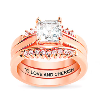 Rose Gold over Sterling Square White Topaz Solitaire with Enhancer Engraved Engagement Ring Set