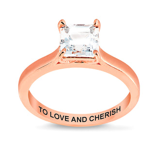 Rose Gold over Sterling Square White Topaz Solitaire with Enhancer Engraved Engagement Ring Set