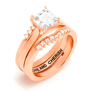 Rose Gold over Sterling Square White Topaz Solitaire with Enhancer Engraved Engagement Ring Set