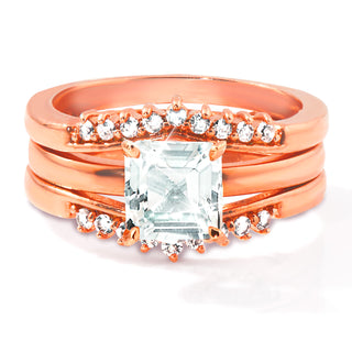 Rose Gold over Sterling Square White Topaz Solitaire with Enhancer Engraved Engagement Ring Set