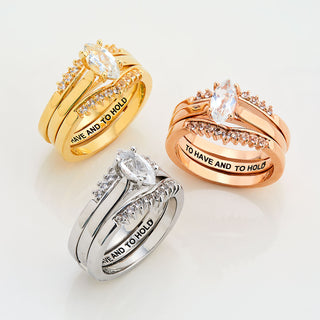 Gold over Sterling Marquise White Topaz Solitaire with Enhancer Engraved Engagement Ring Set