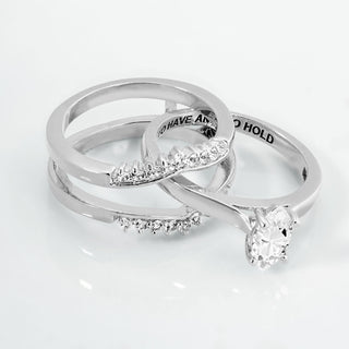 Platinum over Sterling Marquise White Topaz Solitaire with Enhancer Engraved Engagement Ring Set