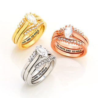Gold over Sterling Marquise White Topaz Solitaire with Enhancer Engraved Engagement Ring Set