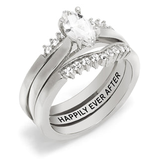 Platinum over Sterling Marquise White Topaz Solitaire with Enhancer Engraved Engagement Ring Set