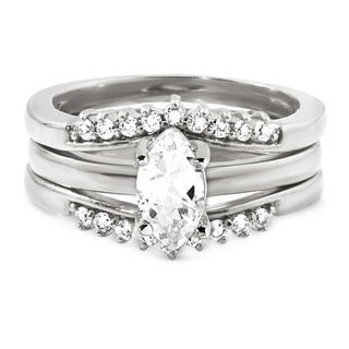 Platinum over Sterling Marquise White Topaz Solitaire with Enhancer Engraved Engagement Ring Set