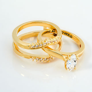 Gold over Sterling Marquise White Topaz Solitaire with Enhancer Engraved Engagement Ring Set