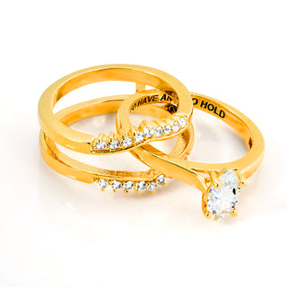 Gold over Sterling Marquise White Topaz Solitaire with Enhancer Engraved Engagement Ring Set