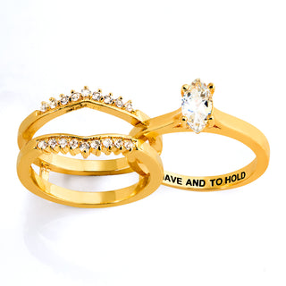 Gold over Sterling Marquise White Topaz Solitaire with Enhancer Engraved Engagement Ring Set