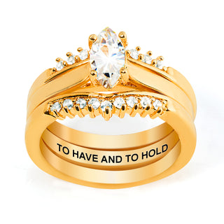 Gold over Sterling Marquise White Topaz Solitaire with Enhancer Engraved Engagement Ring Set