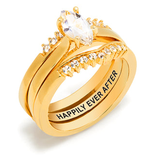 Gold over Sterling Marquise White Topaz Solitaire with Enhancer Engraved Engagement Ring Set