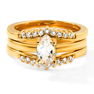 Gold over Sterling Marquise White Topaz Solitaire with Enhancer Engraved Engagement Ring Set