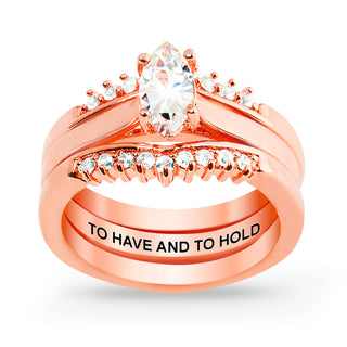 Rose Gold over Sterling Marquise White Topaz Solitaire with Enhancer Engraved Engagement Ring Set