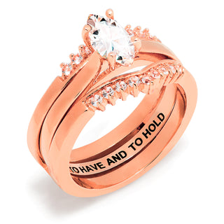Rose Gold over Sterling Marquise White Topaz Solitaire with Enhancer Engraved Engagement Ring Set