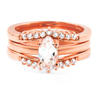 Rose Gold over Sterling Marquise White Topaz Solitaire with Enhancer Engraved Engagement Ring Set