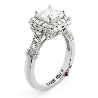 Platinum over Sterling Halo Square White Topaz Vintage Hidden Messages Birthstone Ring