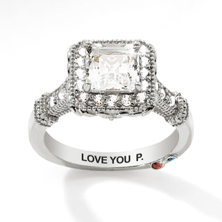 Platinum over Sterling Halo Square White Topaz Vintage Hidden Messages Birthstone Ring