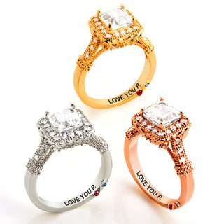 Platinum over Sterling Halo Square White Topaz Vintage Hidden Messages Birthstone Ring
