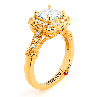 Gold over Sterling Halo Square White Topaz Vintage Hidden Messages Birthstone Ring