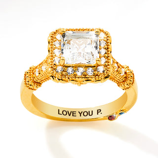 Gold over Sterling Halo Square White Topaz Vintage Hidden Messages Birthstone Ring
