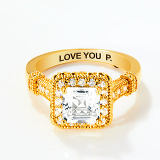 Gold over Sterling Halo Square White Topaz Vintage Hidden Messages Birthstone Ring