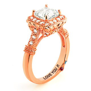 Rose Gold over Sterling Halo Square White Topaz Vintage Hidden Messages Birthstone Ring