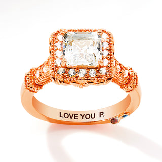 Rose Gold over Sterling Halo Square White Topaz Vintage Hidden Messages Birthstone Ring