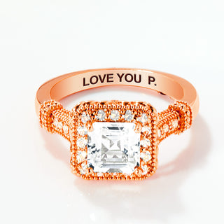 Rose Gold over Sterling Halo Square White Topaz Vintage Hidden Messages Birthstone Ring