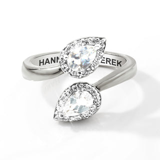 Platinum over Sterling Halo Pear White Topaz Engraved Bypass Ring