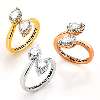 Gold over Sterling Halo Pear White Topaz Engraved Bypass Ring