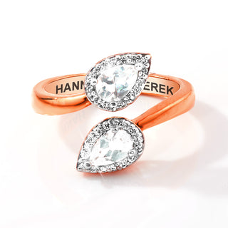 Rose Gold over Sterling Halo Pear White Topaz Engraved Bypass Ring