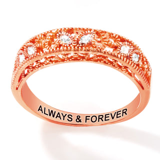 Rose Gold over Sterling Vintage Filigree White Topaz Band Ring