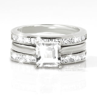 Platinum over Sterling Square White Topaz Engraved Enhancer Engagement Ring Set