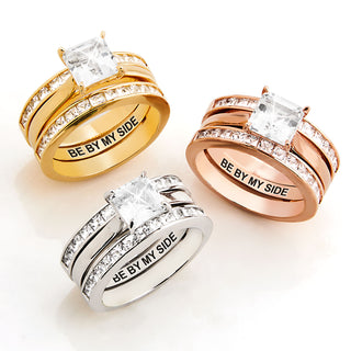 Gold over Sterling Square White Topaz Engraved Enhancer Engagement Ring Set